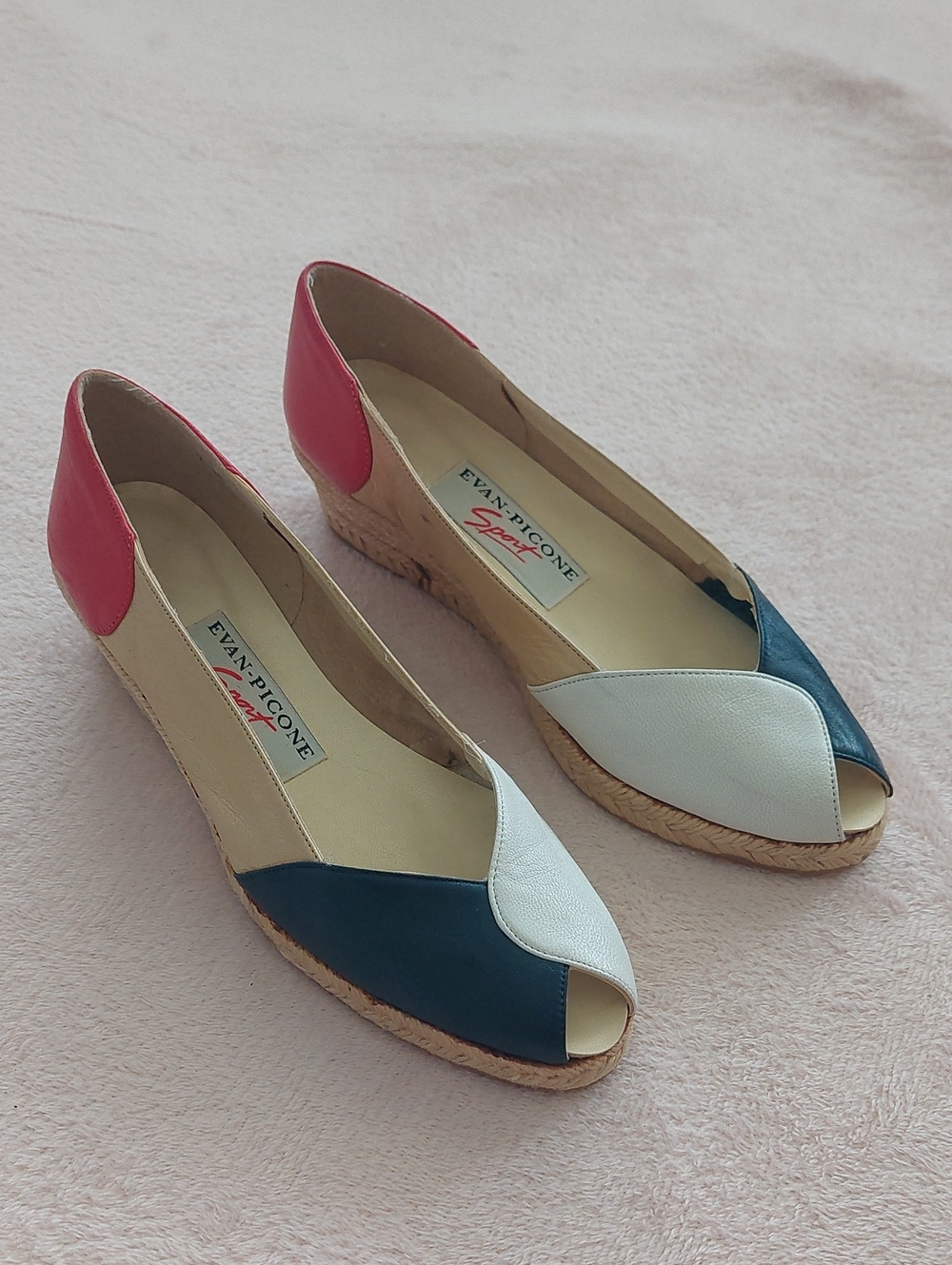 EVAN PICONE SPORT Peep-Toe Espadrille Wedges in Colors Navy, Gold, White & Red